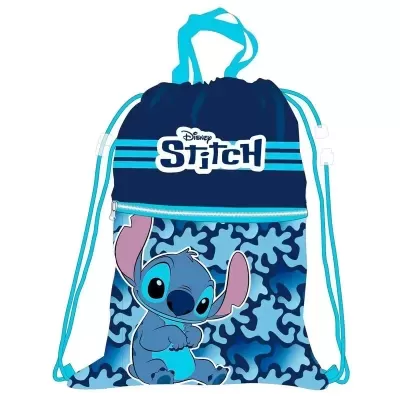 Mochila saco azul com personagem Stitch e texto Disney Stitch