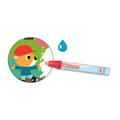 Caneta vermelha com desenho colorido de criança segurando balões