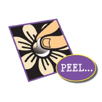 Etiqueta prateada a ser removida de desenho de flor com texto PEEL...