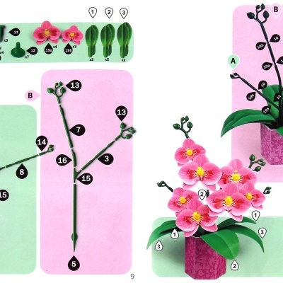 Conjunto para montagem de orquídea artificial com peças numeradas e instruções