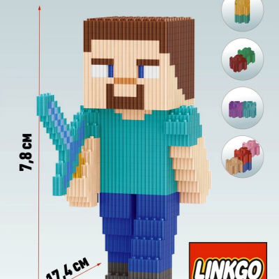 Figura de construção tipo bloco de montar de personagem com espada e logotipo LINKGO.