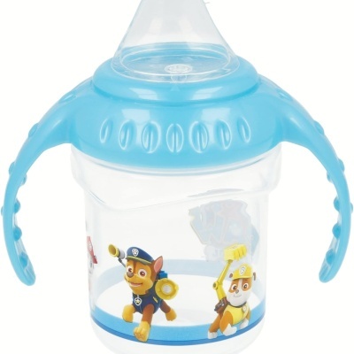Copo infantil transparente com tampa azul e personagens da Patrulha Pata