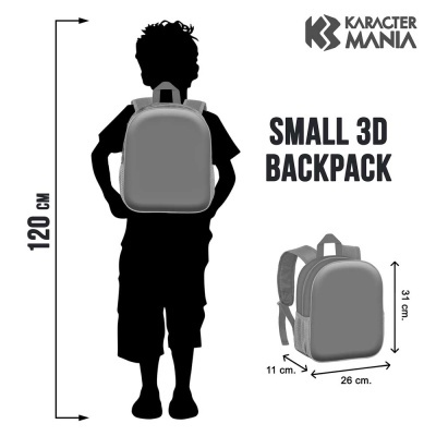 Mochila SMALL 3D BACKPACK cinzenta com dimensões ao lado de silhueta de criança