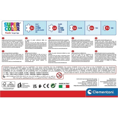 Embalagem de puzzles Clementoni SUPER COLOR com níveis e idades indicadas