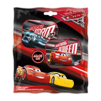 Pacote com 2 cortinas solares temáticas dos carros Jackson Storm e Lightning McQueen, cores preto, vermelho e amarelo.