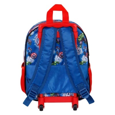 Mochila infantil azul e vermelha com tema dos Vingadores e rodinhas.