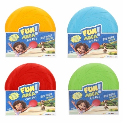 Discos voadores coloridos com etiqueta FUN! AREA e personagem animado