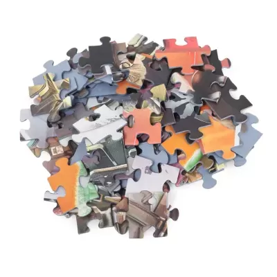 Peças de puzzle coloridas soltas sobre fundo branco