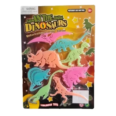 Pacote colorido de brinquedos de dinossauros luminosos em cartão.