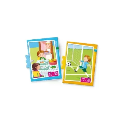Peças de puzzle educativas com imagens de crianças a comer e a jogar futebol