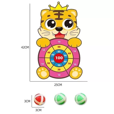 Alvo de dardos de tigre amarelo com círculos coloridos e três bolas de dardos