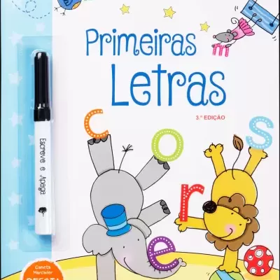 Livro infantil Primeiras Letras com desenhos de elefante e leão, caneta preta e fundo branco colorido