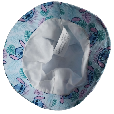 Chapéu balde azul claro com padrões de Stitch e folhas tropicais