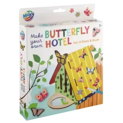 Caixa de kit para construir hotel de borboletas com texto e desenho colorido