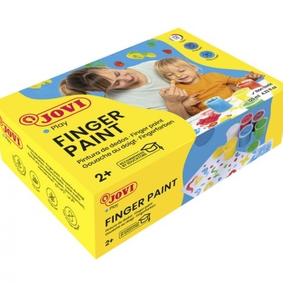 Caixa amarela de tinta para pintar com os dedos da marca Jovi com imagem de crianças a pintar