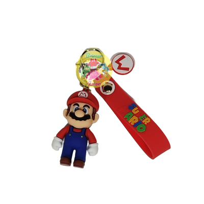 Três chaveiros do Super Mario em fundo branco