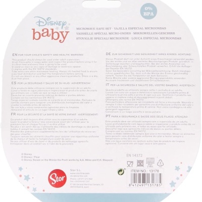 Embalagem branca de colher Disney Baby para micro-ondas com texto em várias línguas e sem BPA