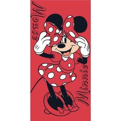 Toalha vermelha com estampa da personagem Minnie Mouse com vestido e laço bolinhas brancas