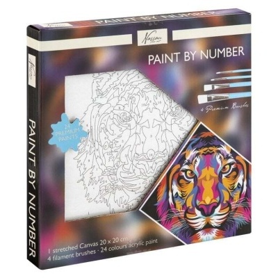 Caixa do kit de pintura Paint by Number com imagem de tigre colorido e tela para pintar.