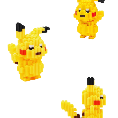 Figuras de Pikachu construídas com blocos pequenos em diferentes ângulos.