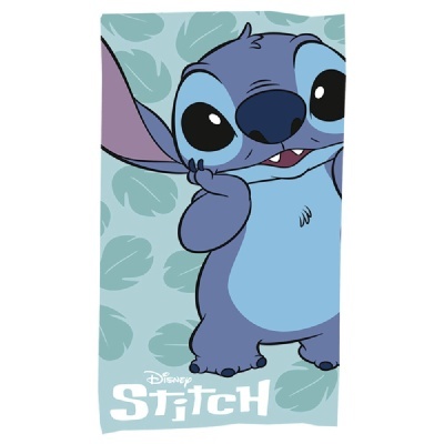 Toalha azul com personagem Stitch da Disney e folhas em fundo azul