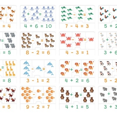 Cartões educativos com animais e operações de soma e subtração