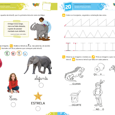 Folha de atividades educativas com letras, imagens para identificar e exercícios de traçado de linhas.