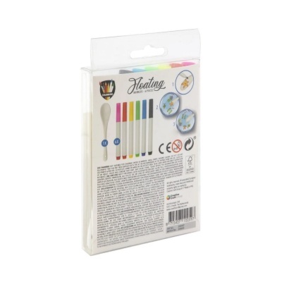 Embalagem transparente com espátula branca e seis marcadores coloridos para decoração