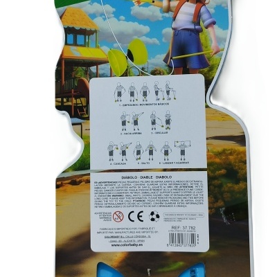 Embalagem de diabolo azul com ilustração e instruções