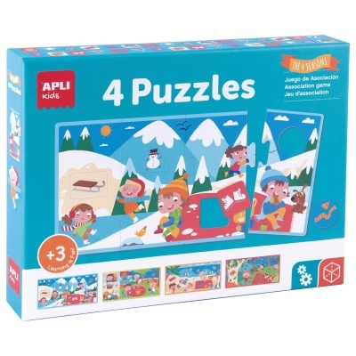 Caixa azul com 4 puzzles APLI kids, ilustrações infantis coloridas.