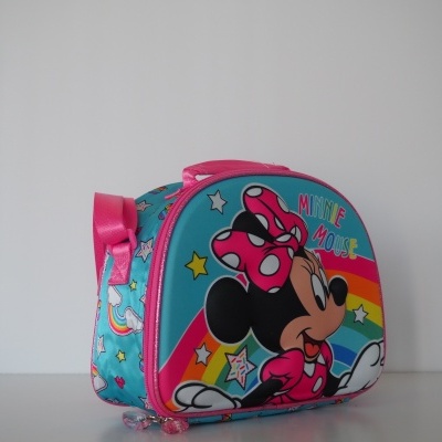 Mala infantil azul e rosa com personagem da Minnie Mouse e texto colorido