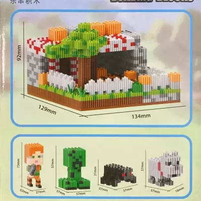 Blocos de construção LECHUAN modelo casa com figuras pequenas coloridas e aviso de segurança