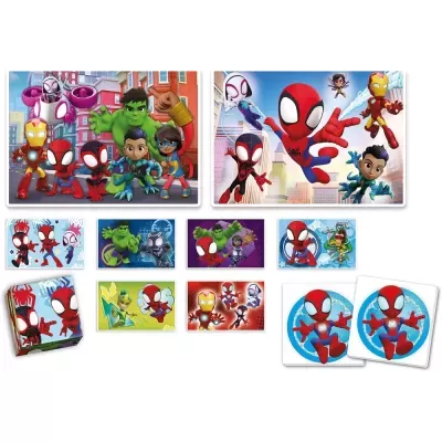Personagens animados do Homem-Aranha em várias posturas sobre fundos coloridos.