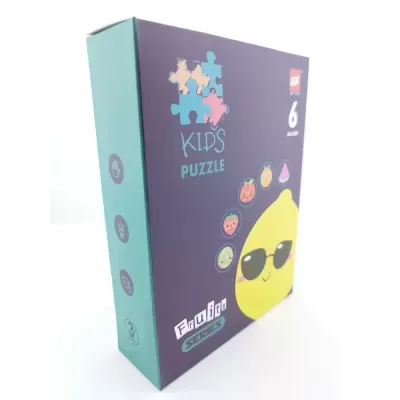 Caixa de puzzle para crianças com design de frutas animadas e texto KIDS PUZZLE