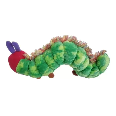 Brinquedo de peluche em forma de lagarta verde e vermelha com antenas roxas