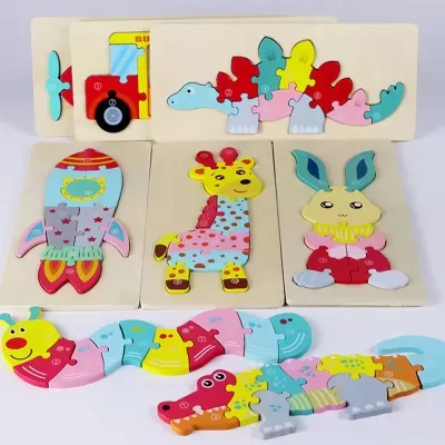 Puzzles de madeira coloridos com veículos, animais e dinossauros