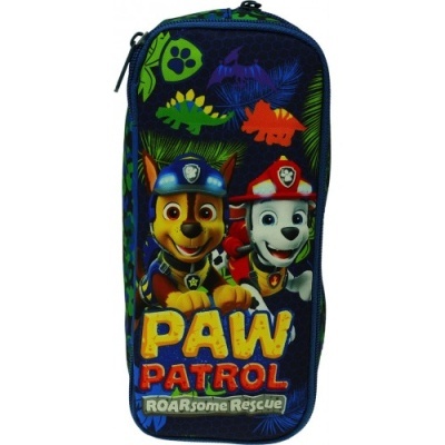 Estojo azul com personagens da Paw Patrol e texto colorido