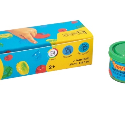 Conjunto de tintas para dedos Jovi Finger Paint com cinco potes coloridos e embalagem amarela