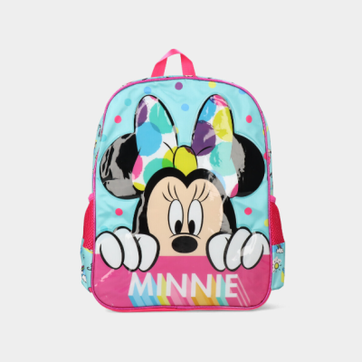 Mochila infantil azul e rosa com imagem da Minnie e texto MINNIE