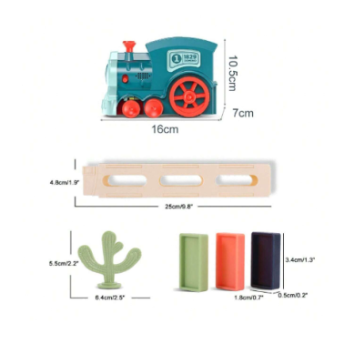 Brinquedo de comboio azul com rodas vermelhas, peças de madeira coloridas e medidas apresentadas