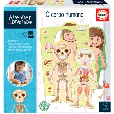 Jogo educativo O corpo humano para crianças com peças de cartolina e caixa colorida.