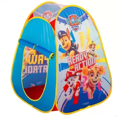 Tenda azul, vermelha e amarela com personagens da Paw Patrol e texto READ FOR ACTION