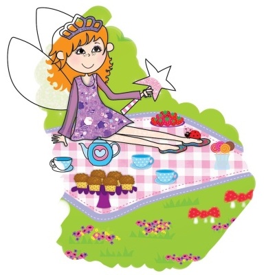 Ilustração de fada em piquenique com bolo, chávenas e cupcakes