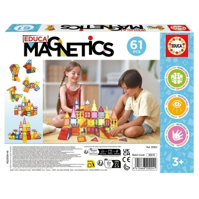 Conjunto de blocos magnéticos coloridos EDUCA MAGNETICS em caixa azul e branca para crianças a partir dos 3 anos