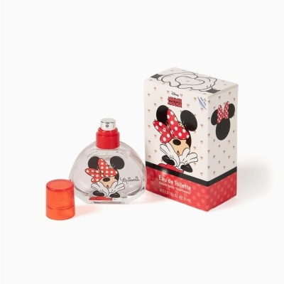 Perfume Minnie Mouse em frasco transparente com tampa vermelha e caixa decorada