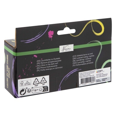 Embalagem preta com tiras coloridas e texto multilíngue