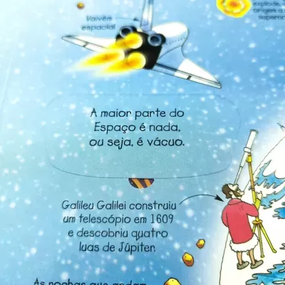 Ilustração educativa do espaço com texto em português, foguete e figura com telescópio