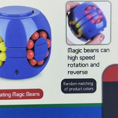 Brinquedo Rotating Magic Beans azul com contas coloridas e texto explicativo