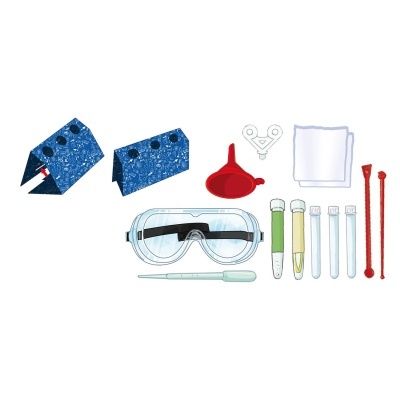 Conjunto de material para experiências científicas com tubos, funil, óculos e suportes azuis.