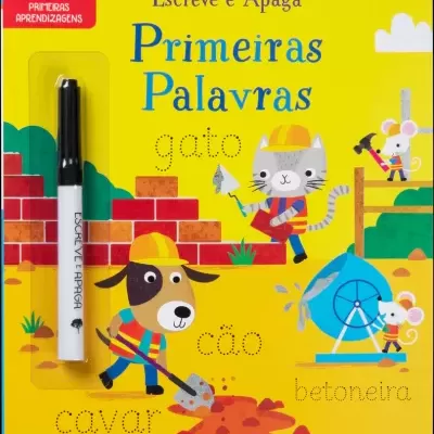 Livro infantil amarelo com marcador e ilustrações de construção e animais